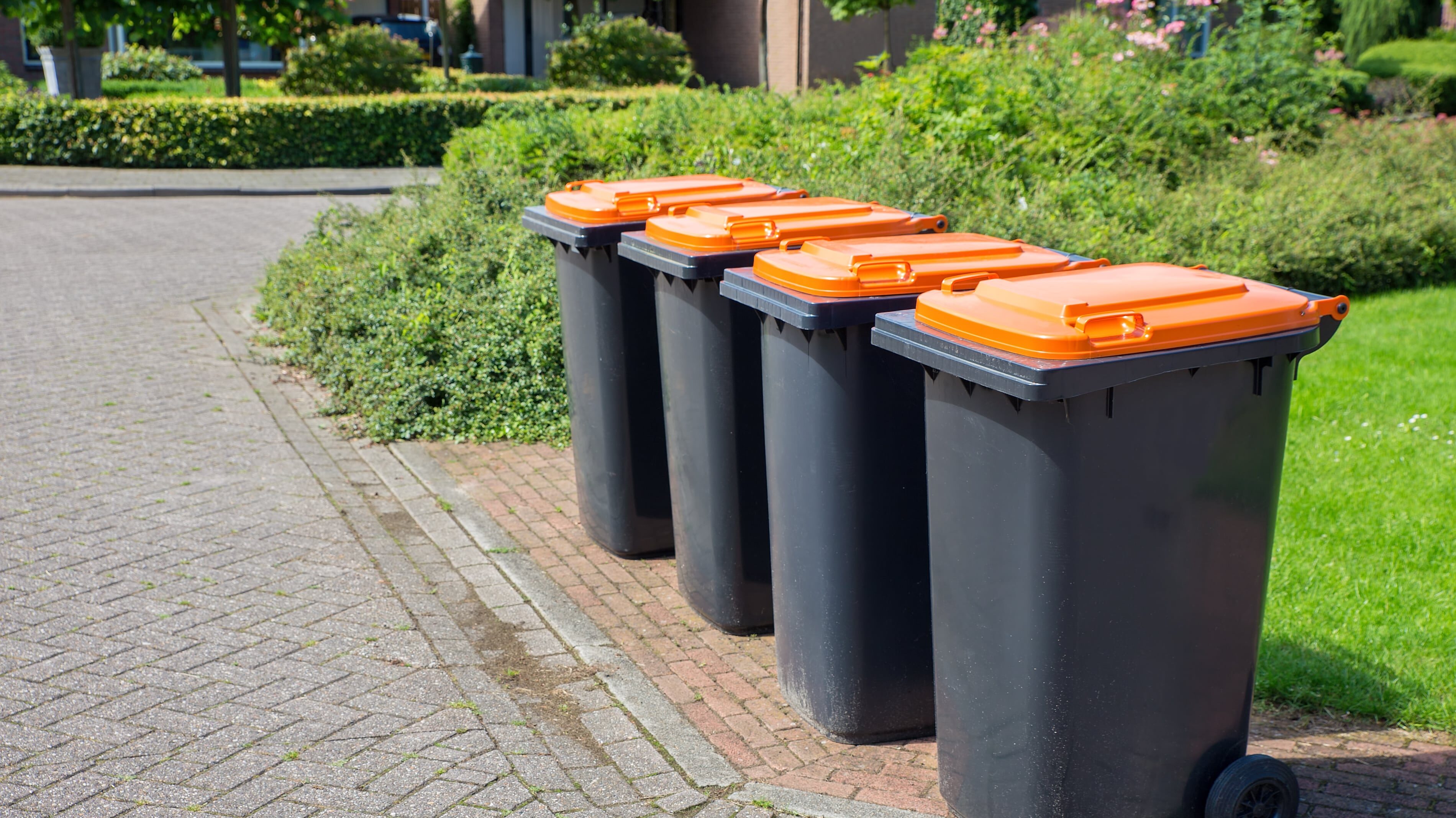 Row of dutch grey waste bins along street